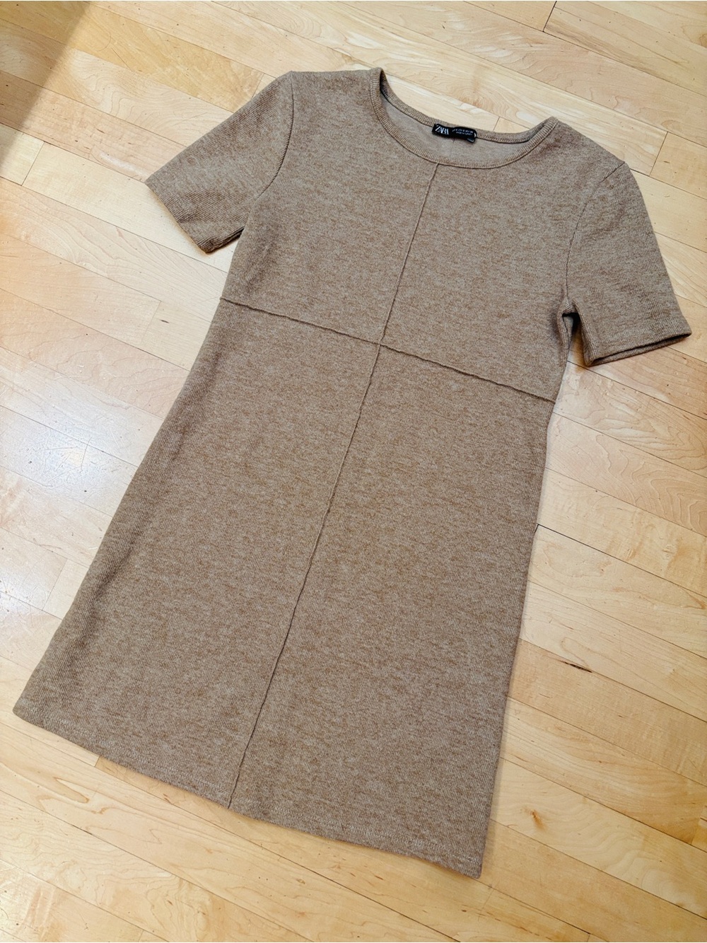 Zara Camel Short-Sleeve Knit Shift Mini Dress - size small